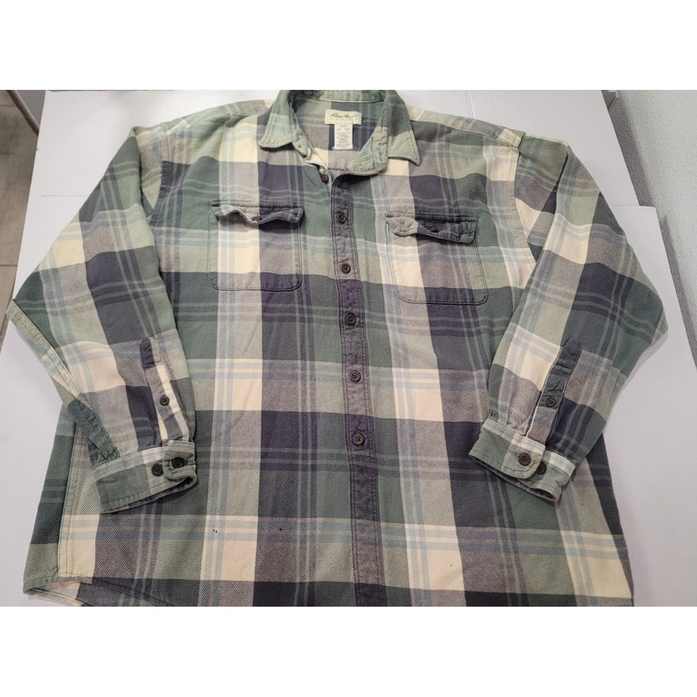 Eddie Bauer Y2K flannel plaid XXL work shirt long sleeve green 100% cotton